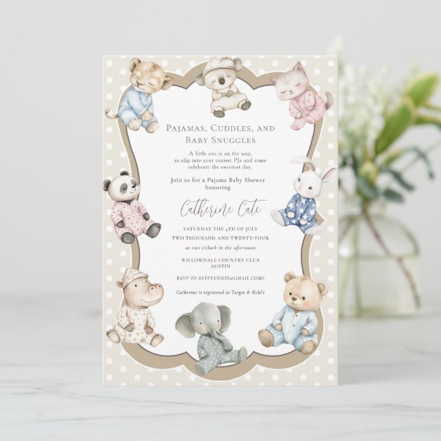 Invitación Pajama Party Animal Theme Baby Shower  (Anverso de pie)