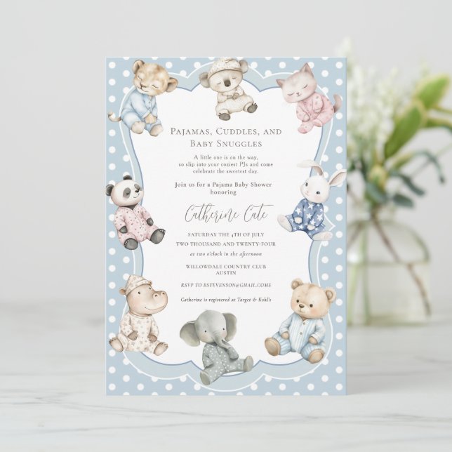 Invitación Pajama Party Animal Theme Blue Baby Shower  (Anverso de pie)