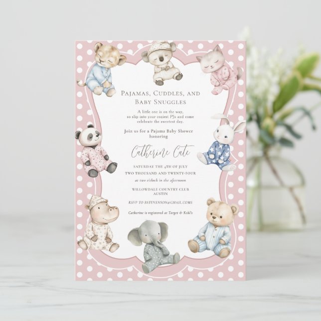 Invitación Pajama Party Animal Theme Pink Baby Shower  (Anverso de pie)