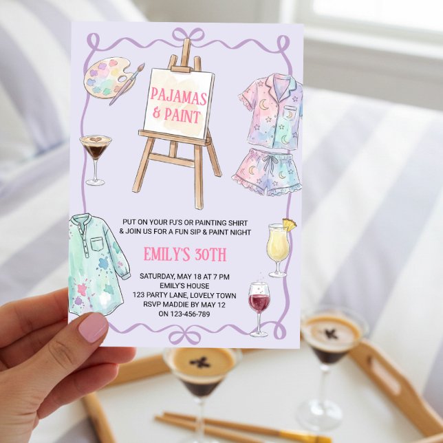 Invitación Pajamas and Paint Girls Night Birthday Party (Pajamas & Paint Invitation, for fun & girly paint and sip night, sleepover or bachelorette activity.)