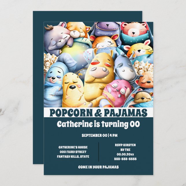 Invitación Pajamas palomitas de maíz personalizados animales  (Anverso / Reverso)
