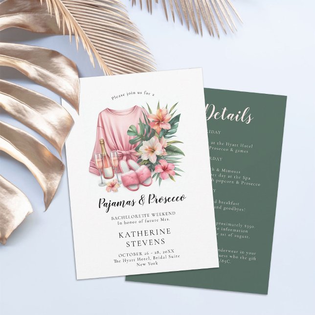 Invitación Pajamas Prosecco Bachelorette Tropical Itinerario (pajamas prosecco bachelorette itinerary invitation champagne tropical greenery lingerie pj classy)