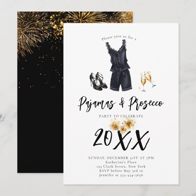 Invitación Pajamas Prosecco Fiesta de Año Nuevo negro (Anverso / Reverso)