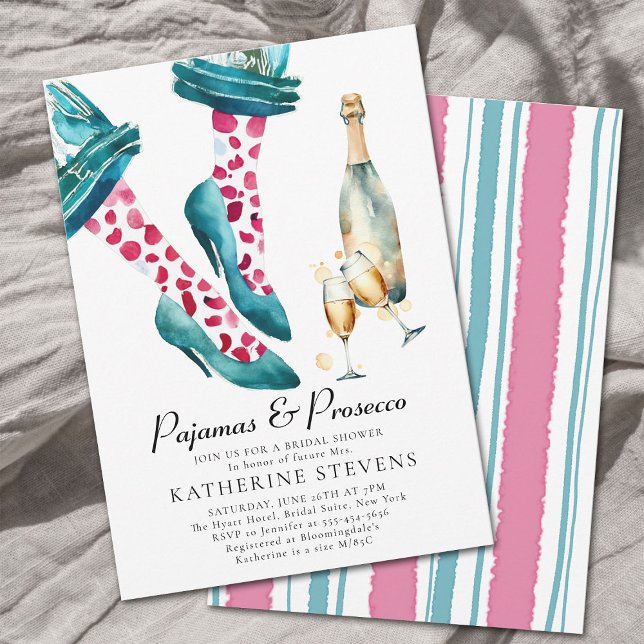 Invitación Pajamas Prosecco Fiesta de lencería ducha de novia (pajamas and prosecco high heels pj party bridal shower invitation watercolor hot pink teal polka dot)