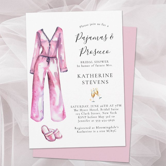 Invitación Pajamas Prosecco Fiesta de lencería PJ Ducha de no (pajamas and prosecco bridal shower invitation watercolor pj slippers champagne elegant pink classy)