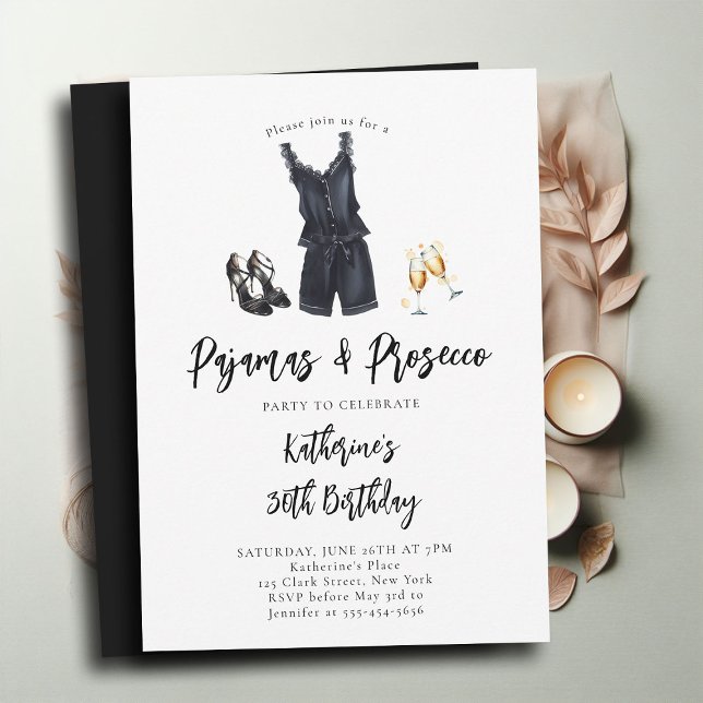 Invitación Pajamas Prosecco Fiesta de PJ Moda Negra 30 cumple (pajamas and prosecco 30th birthday invitation adult pj party slumber elegant black robe stilettos)