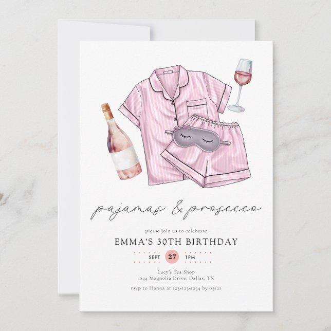 Invitación Pajamas Prosecco Fiesta de PJ Rubor Pink 30 cumple (Anverso)