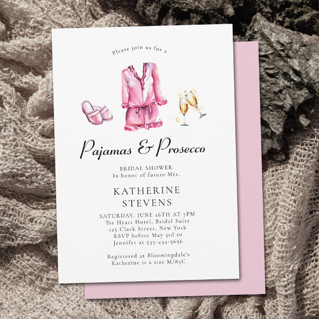Invitación Pajamas Prosecco Fiesta PJ Lingerie Bridal Shower (pajamas and prosecco bridal shower invitation watercolor pj champagne flutes lingerie party elegant )