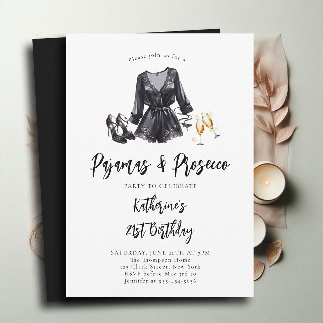 Invitación Pajamas Prosecco Fiesta PJ Moda Negra 21º cumpleañ (pajamas and prosecco 21st birthday invitation adult pj party slumber elegant black robe stilettos)