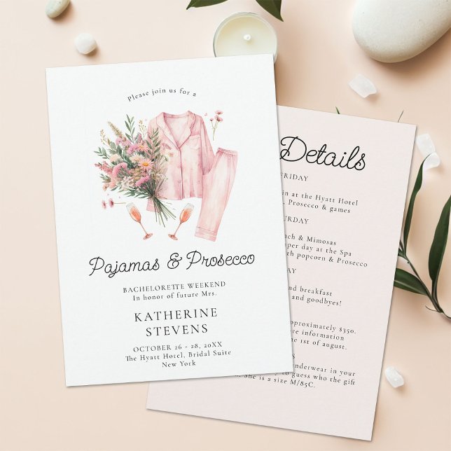 Invitación Pajamas Prosecco Flor silvestre Bachelorette Itine (pajamas prosecco bachelorette itinerary invitation champagne wildflowers lingerie pj elegant classy )