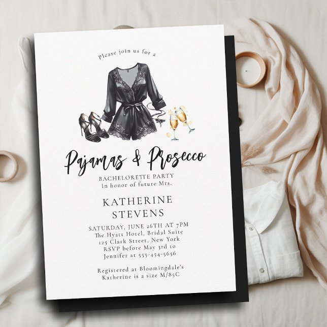 Invitación Pajamas Prosecco Moda Bachelorette Negra (pajama pj lingerie bachelorette party invitation black night robe champagne pajamas prosecco elegant)