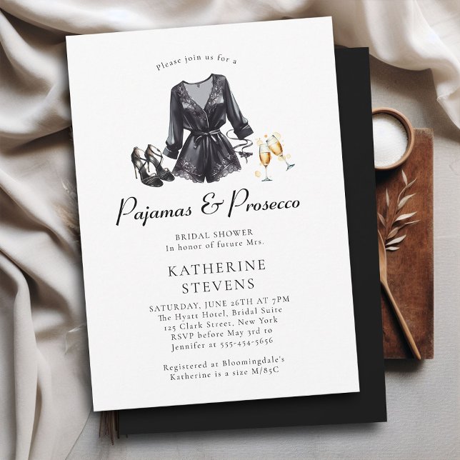 Invitación Pajamas Prosecco PJ Lingerie Black Brige Shower (pajama pj lingerie party bridal shower invitation black night robe champagne pajamas prosecco classy)