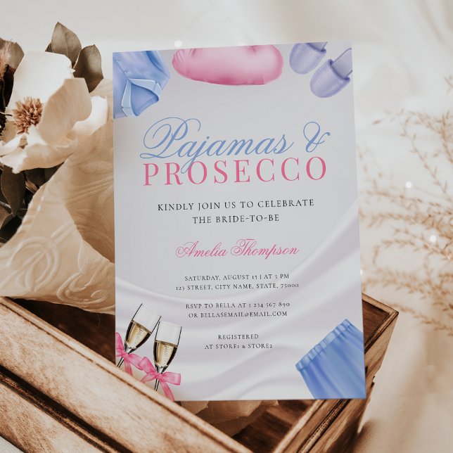 Invitación Pajamas y la fiesta de la bachillerato del Prosecc (Pajamas and Prosecco Bachelorette Party, PJs and Prosecco Pajama Party Bachelorette Invitation)