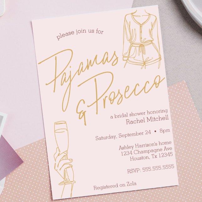 Invitación Pajamas y Prosecco Bridal Rosado / Lingerie Shower (pajamas and prosecco bridal shower invitation pjs and Prosecco bachelorette party pink girls night )
