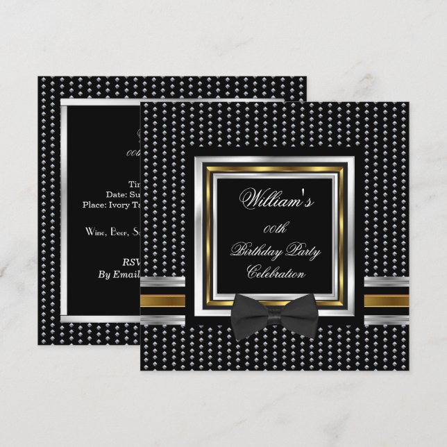 Invitación Pajarita Negra con Studs de Oro y Plata Fiesta de  (Anverso / Reverso)