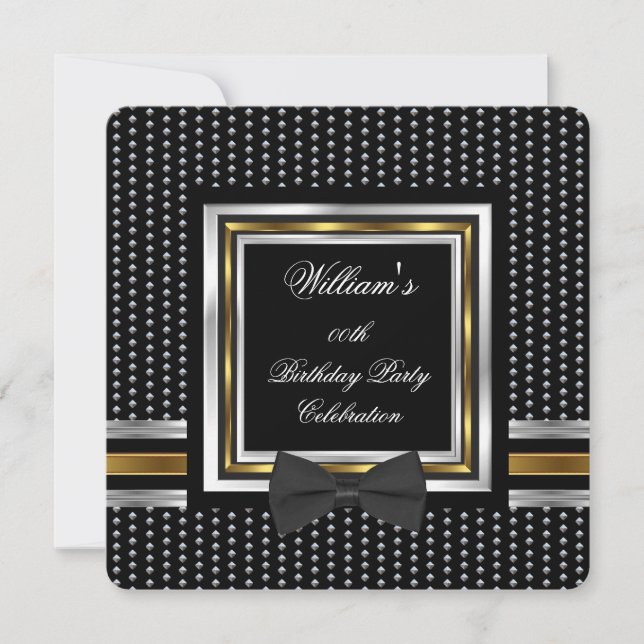 Invitación Pajarita Negra Cumpleaños con Studs de Oro y Plata (Anverso)