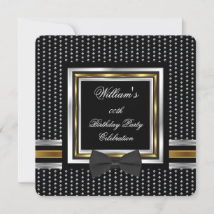 Invitación Pajarita Negra Cumpleaños con Studs de Oro y Plata