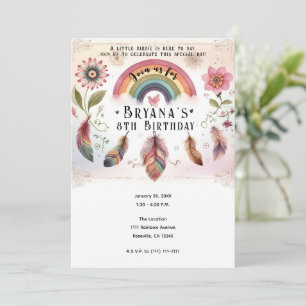Invitación Pájaro Arcoíris y Plumas Boho Cumpleaños Aquarela