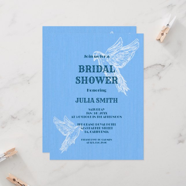 Invitación Pájaro azul blanco simple y elegante | Ducha de no (Anverso/Reverso In Situ)