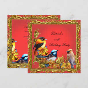 Invitación Pájaro azul elegante rojo dorado fiesta de cumplea