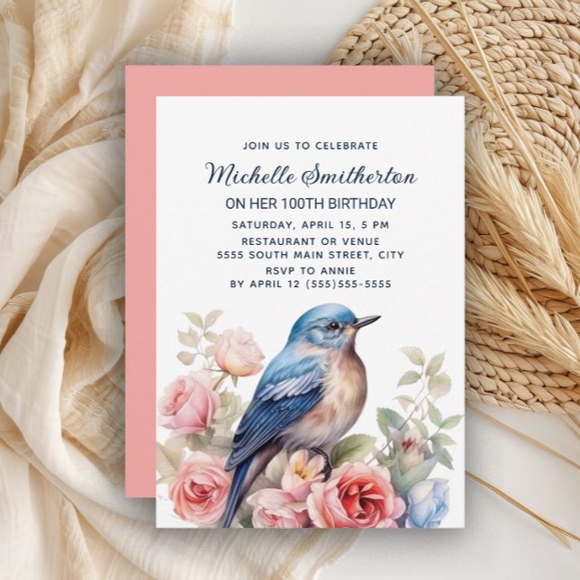 Invitación Pájaro Azul Flores Rosadas Cumpleaños 100 (Blue bird and pink floral 100th birthday party invitation)
