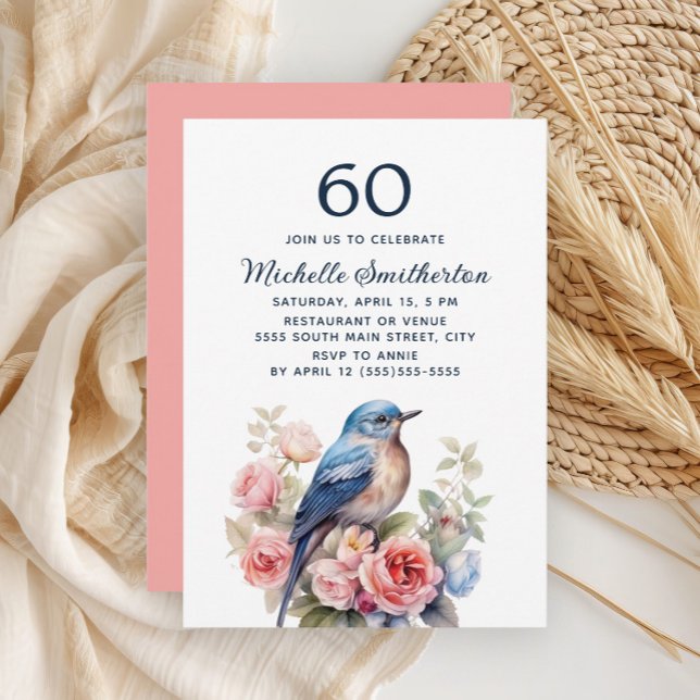 Invitación Pájaro Azul Flores Rosas 60 Cumpleaños (Blue bird and pink floral 60th birthday party invitation)