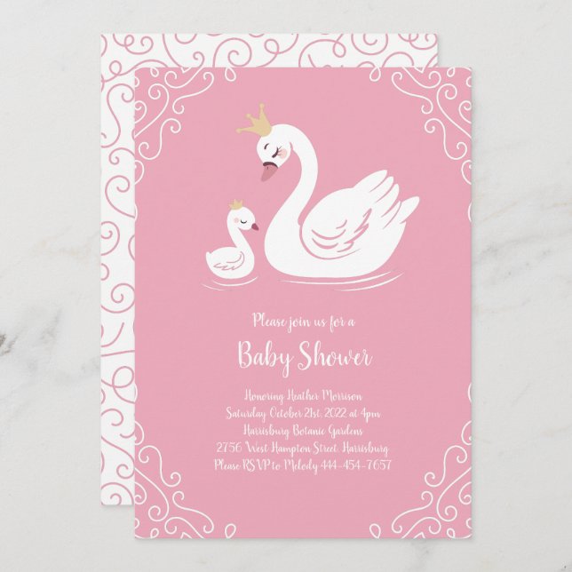 Invitación Pájaro Baby Shower de cisne rosa con corona (Anverso / Reverso)