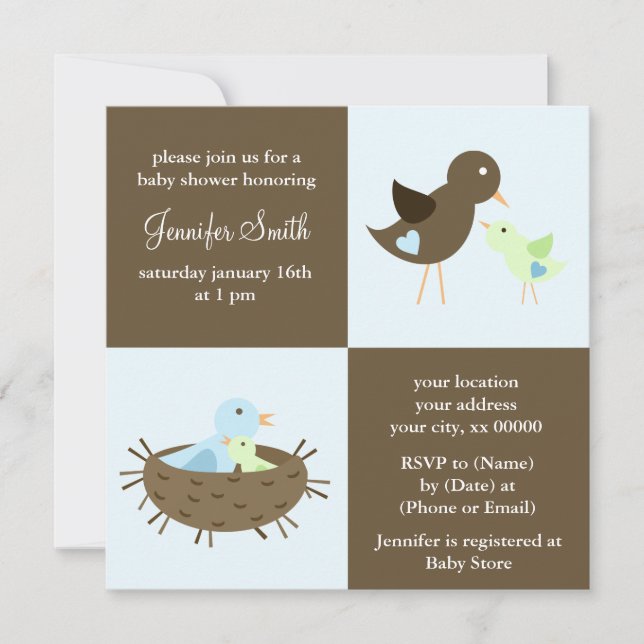 Invitación Pájaro Baby Shower de la mamá y de bebé (Anverso)