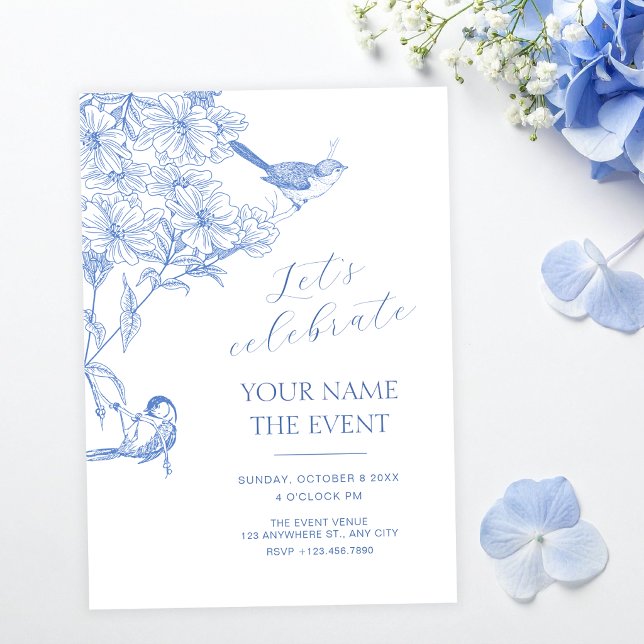 Invitación Pájaro botánico artístico azul (Subido por el creador)
