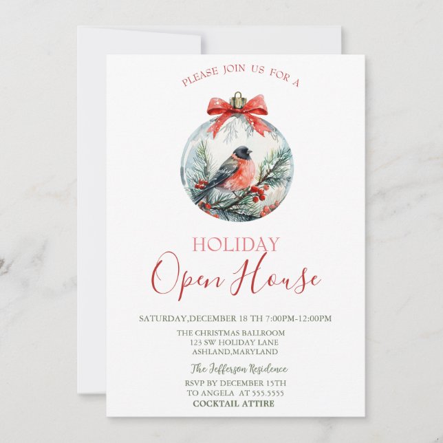 Invitación Pájaro Cardinal Rojo Bola de Bayas de Acebo Navida (Anverso)