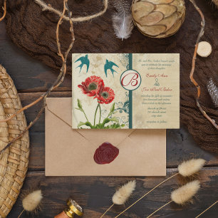 Invitación Pájaro de Amor Rojo Turquesa Encaje Damask Amapola