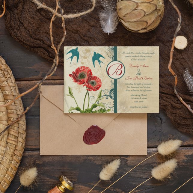 Invitación Pájaro de Amor Rojo Turquesa Encaje Damask Amapola (Subido por el creador)