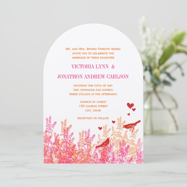 Invitación Pájaro de amor rosa y rojo rubio naranja (Anverso de pie)