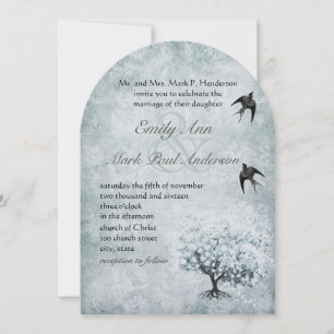 Invitación Pájaro de Amor Victoriano Azul Damask Corazón Hoja