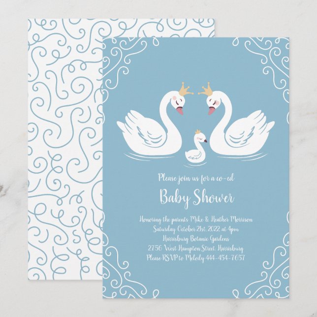 Invitación Pájaro de Baby Shower de cisnes con co-Ed Blue de  (Anverso / Reverso)