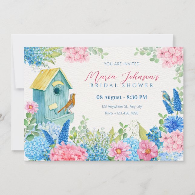 Invitación Pájaro de flores rosa azul (Anverso)