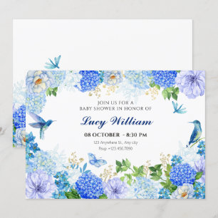 Invitación Pájaro floral azul elegante ducha bebé