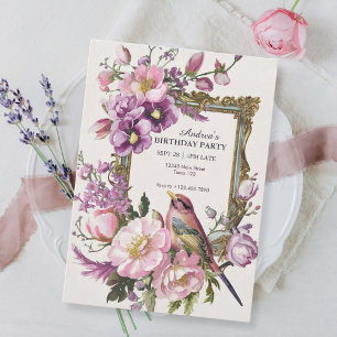 Invitación Pájaro floral rosa acuarela Cumpleaños