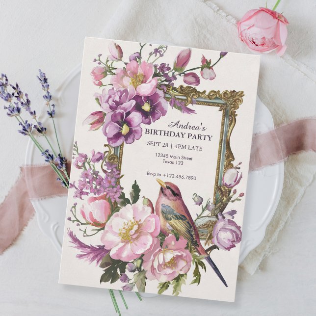 Invitación Pájaro floral rosa acuarela Cumpleaños (Subido por el creador)