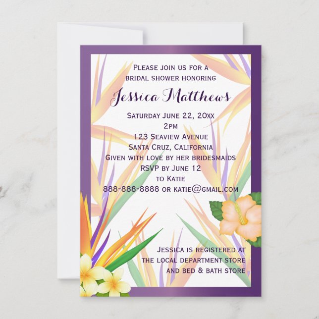 Invitación Pájaro púrpura del paraíso Boda de ducha de novia (Anverso)
