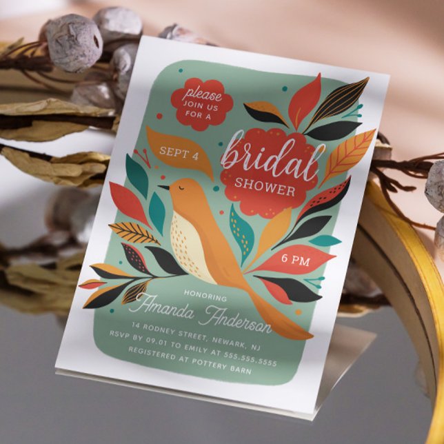 Invitación Pájaro retro floral. Ducha de novia botánica anima (Subido por el creador)