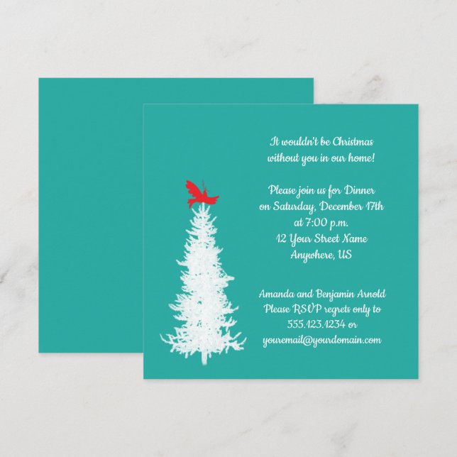 Invitación Pájaro rojo árbol blanco sobre Fiesta de Navidades (Anverso / Reverso)