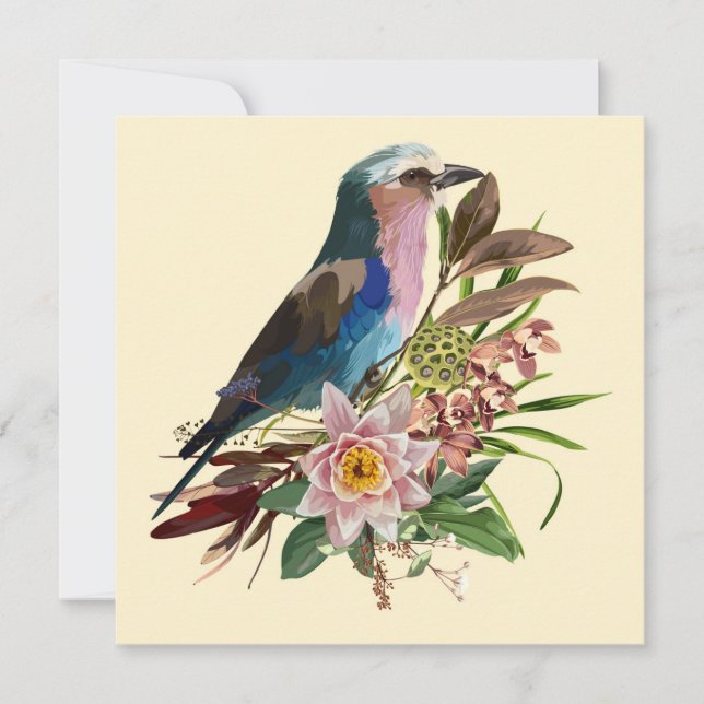 Invitación Pájaro Roller con pechos de Lilac. Arreglos tropic (Anverso)