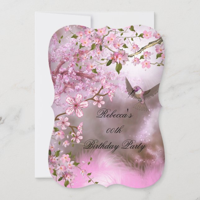 Invitación Pájaro Rosa Flor Asiática Fiesta de Cumpleaños (Anverso)