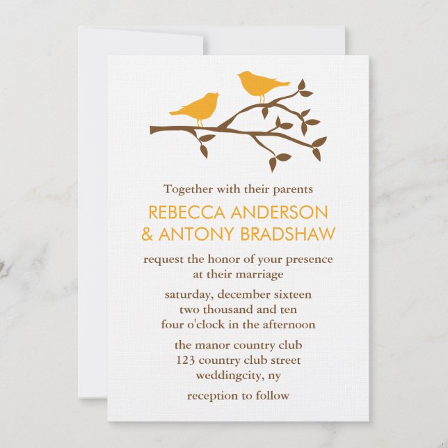 Invitación Pájaros anaranjados del amor en una boda de la (Anverso)