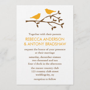 Invitación Pájaros anaranjados del amor en una boda de la