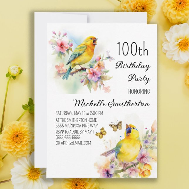 Invitación Pájaros Antiguos Canarios Flores 100 Cumpleaños (Subido por el creador)