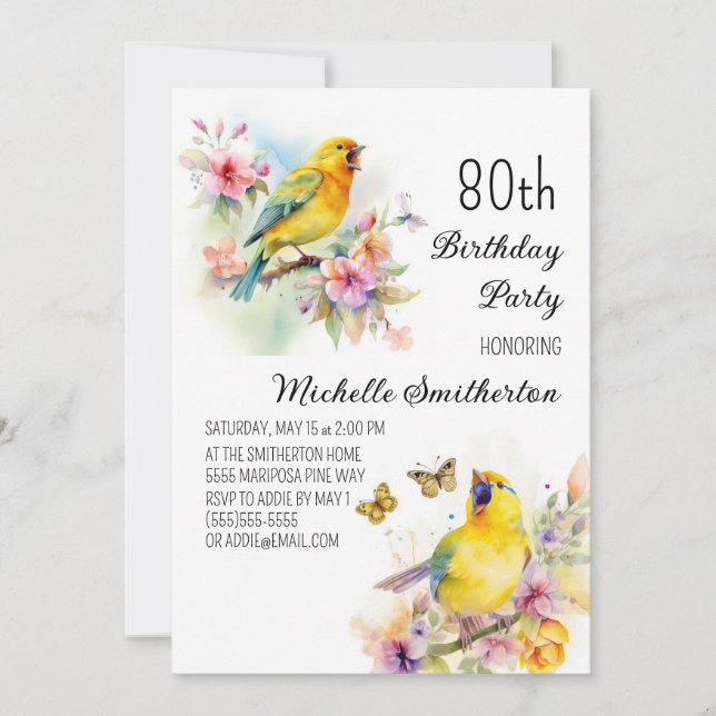 Invitación Pájaros Antiguos Canarios Flores 80 Cumpleaños (Anverso)
