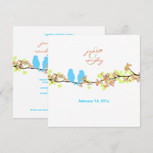 Invitación Pájaros azules, aves amorosas/flores de colores