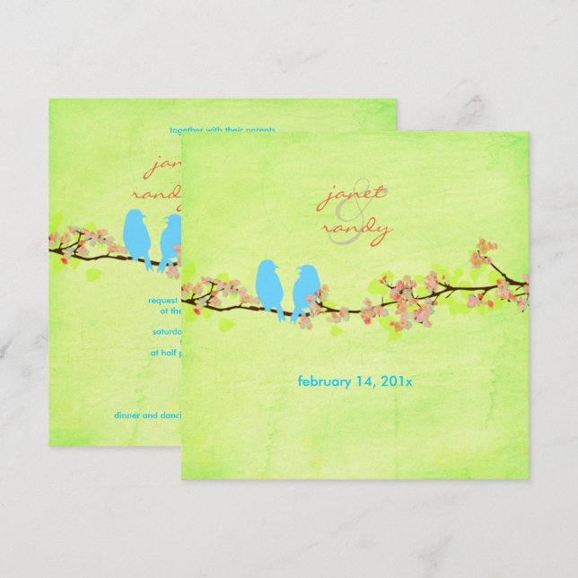 Invitación Pájaros azules/flores coloreadas/cal grunge (Anverso / Reverso)